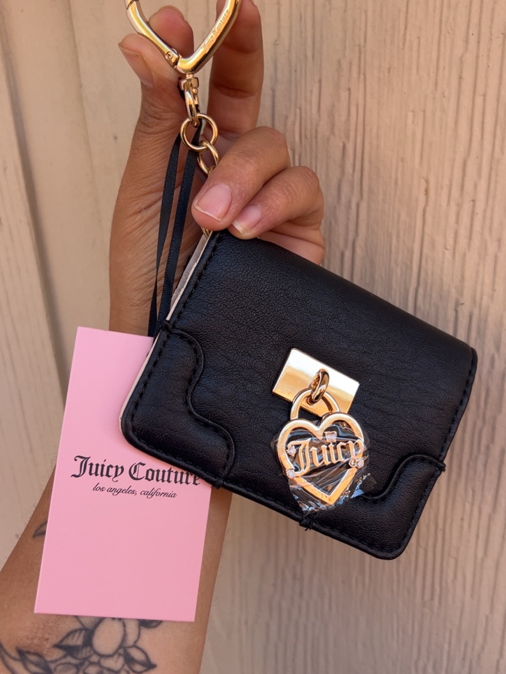 Juicy Couture Black Mini Wallet with Gold Heart Charm and Wrist Strap
